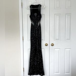 Faviana Black Sequin & Mesh Cut Out, Prom Dress, Size 0, Black